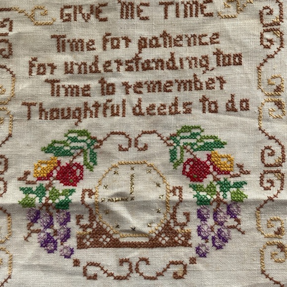 Antique vintage embroidery/stitchery give me time poem on the front with a clock - Picture 2 of 12